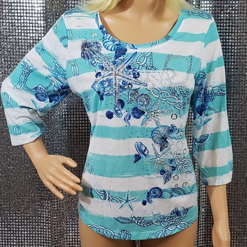 Cotton Blue + White Rhinestone Starfish Top